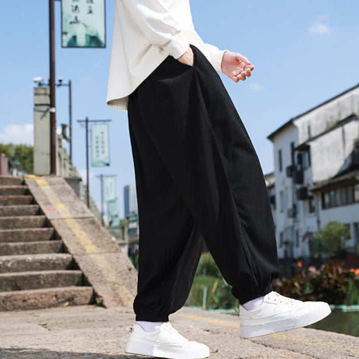 Buddha Stones Pantalones de invierno básicos clásicos con cordón ajustable, color liso, estilo harem para hombre, con bolsillos. - image 15