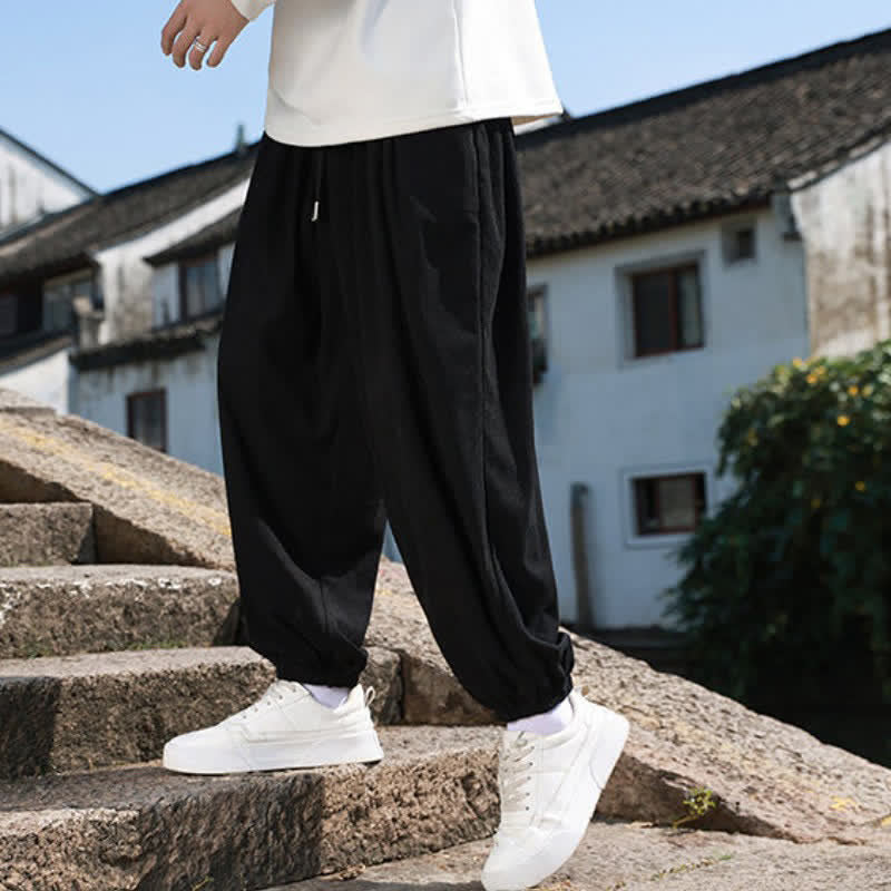 Buddha Stones Pantalones de invierno básicos clásicos con cordón ajustable, color liso, estilo harem para hombre, con bolsillos. - image 14