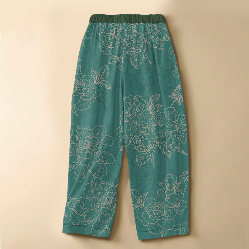 Buddha Stones Pantalones harem de algodón puro con estampado botánico vintage, botones de rana, cintura elástica y bolsillos para mujer. - image 1