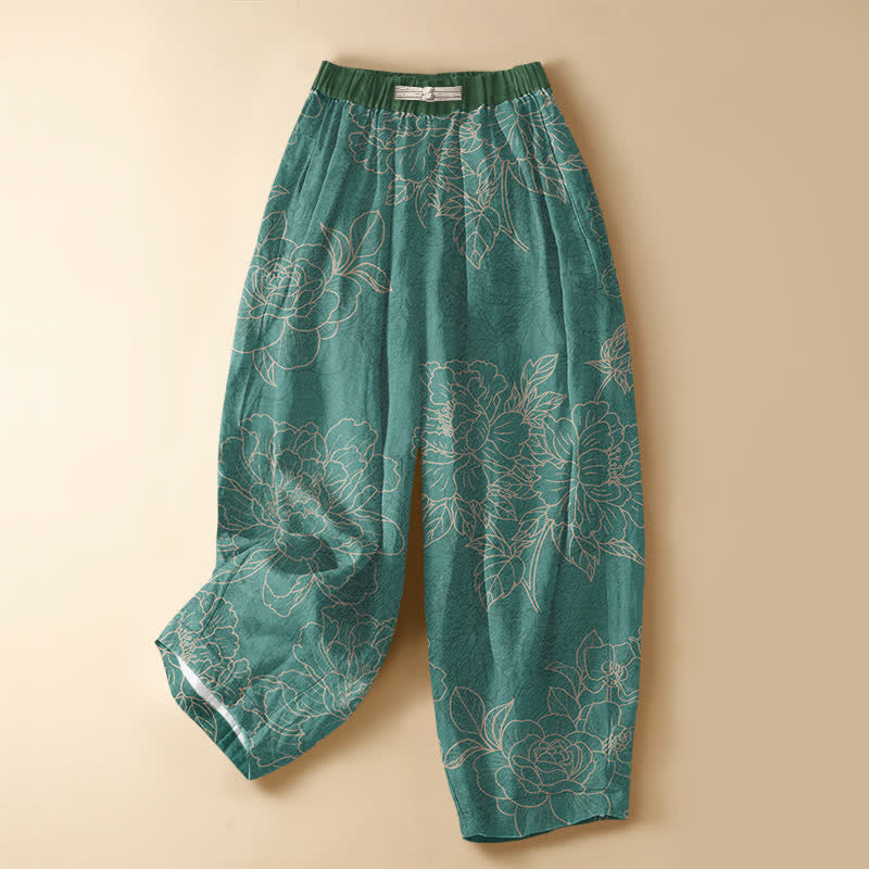 Buddha Stones Pantalones harem de algodón puro con estampado botánico vintage, botones de rana, cintura elástica y bolsillos para mujer. - Turquesa oscuro - US16，UK/AU20，EU48 (3XL) - image 0