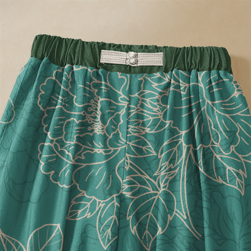 Buddha Stones Pantalones harem de algodón puro con estampado botánico vintage, botones de rana, cintura elástica y bolsillos para mujer. - image 2