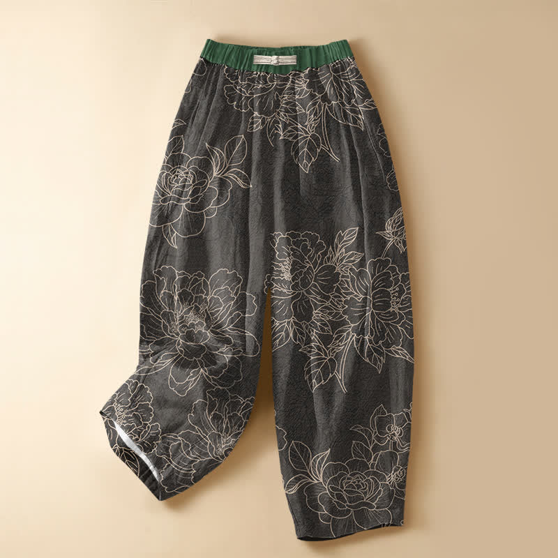 Buddha Stones Pantalones harem de algodón puro con estampado botánico vintage, botones de rana, cintura elástica y bolsillos para mujer. - Gris pizarra - US16，UK/AU20，EU48 (3XL) - image 5