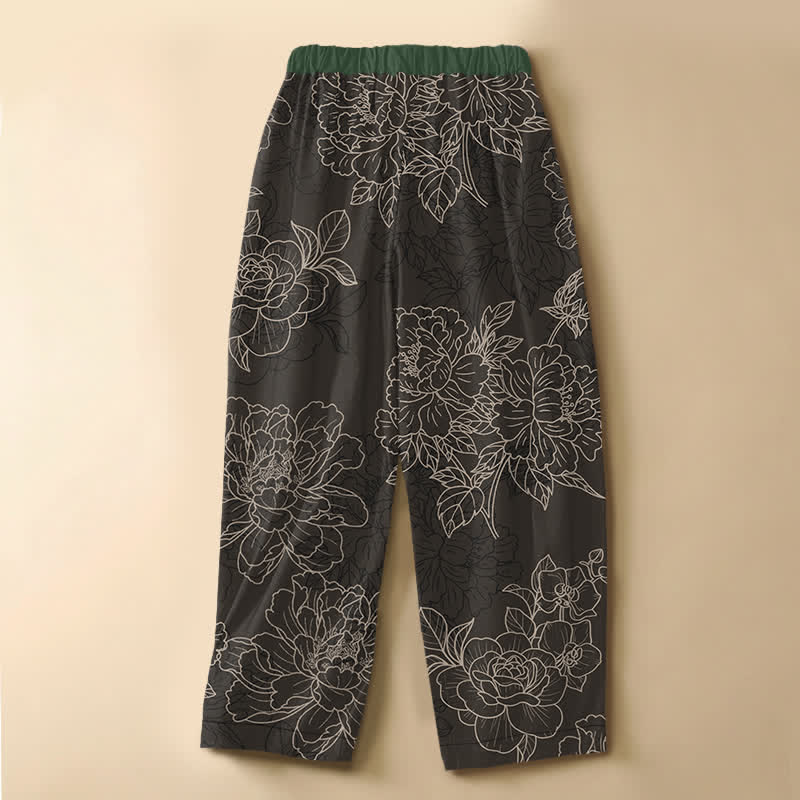 Buddha Stones Pantalones harem de algodón puro con estampado botánico vintage, botones de rana, cintura elástica y bolsillos para mujer. - image 6