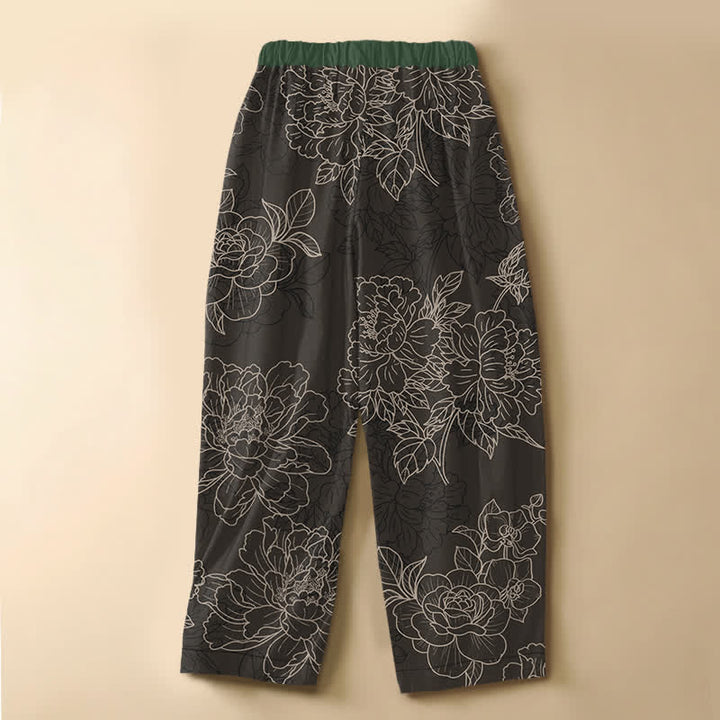 Buddha Stones Pantalones harem de algodón puro con estampado botánico vintage, botones de rana, cintura elástica y bolsillos para mujer. - image 6