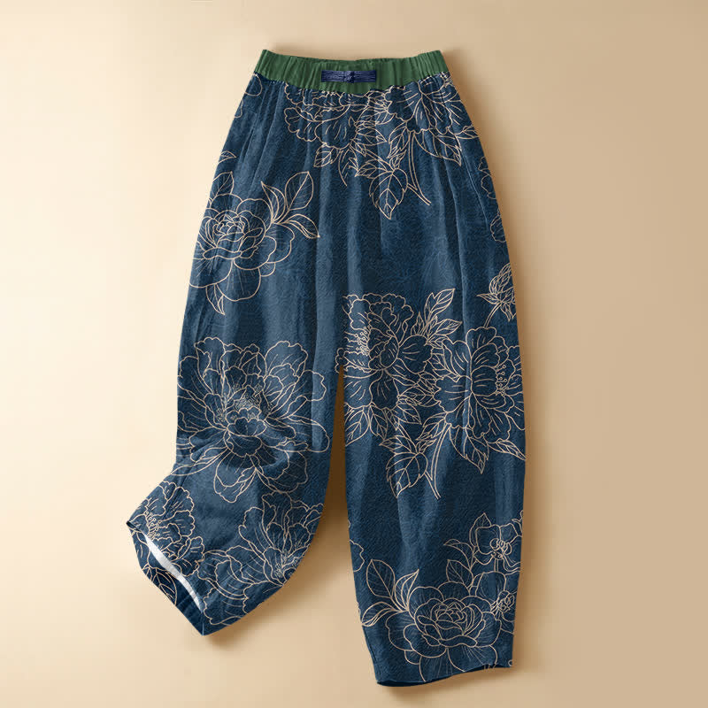 Buddha Stones Pantalones harem de algodón puro con estampado botánico vintage, botones de rana, cintura elástica y bolsillos para mujer. - Marina de guerra - US16，UK/AU20，EU48 (3XL) - image 7