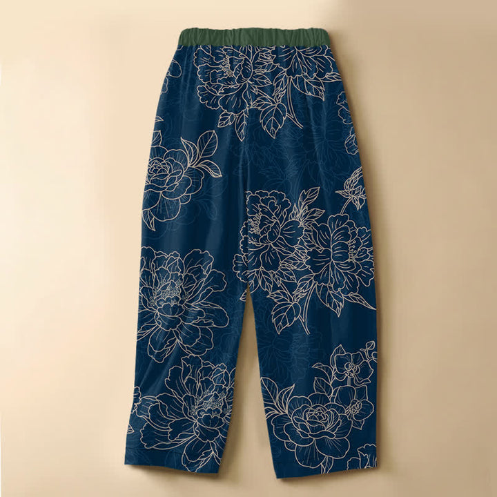 Buddha Stones Pantalones harem de algodón puro con estampado botánico vintage, botones de rana, cintura elástica y bolsillos para mujer. - image 8