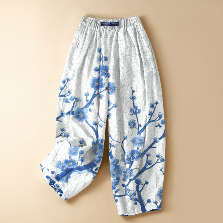 Buddha Stones Pantalones harem de mujer con cintura elástica, bolsillos y estampado de ramas de flores de ciruelo, de algodón puro. - Nieve - US16，UK/AU20，EU48 (3XL) - image 0