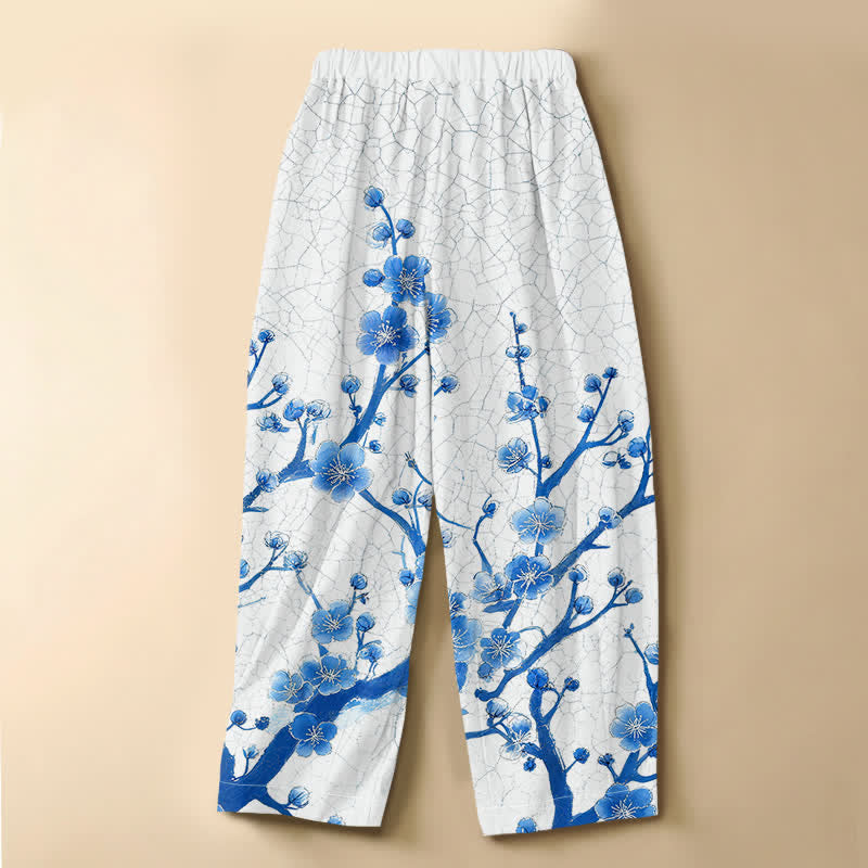 Buddha Stones Pantalones harem de mujer con cintura elástica, bolsillos y estampado de ramas de flores de ciruelo, de algodón puro. - image 1