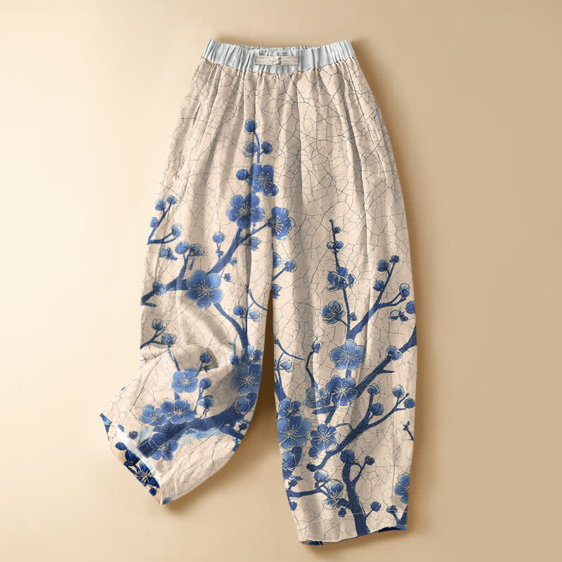 Buddha Stones Pantalones harem de mujer con cintura elástica, bolsillos y estampado de ramas de flores de ciruelo, de algodón puro. - PapayaWhip - US16，UK/AU20，EU48 (3XL) - image 5