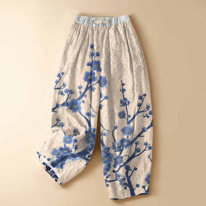 Buddha Stones Pantalones harem de mujer con cintura elástica, bolsillos y estampado de ramas de flores de ciruelo, de algodón puro. - PapayaWhip - US16，UK/AU20，EU48 (3XL) - image 5
