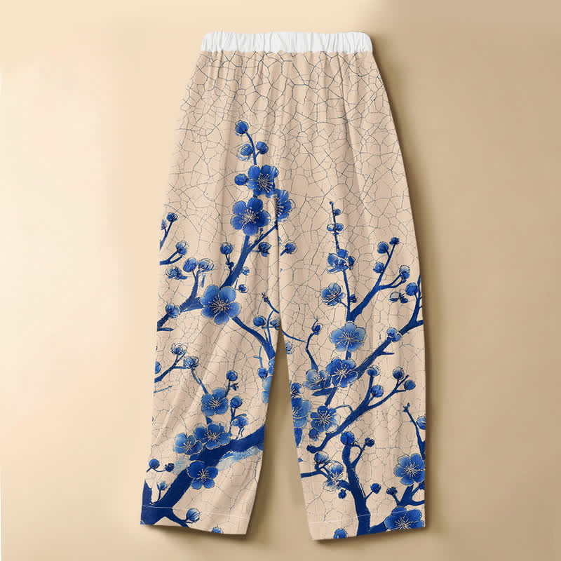Buddha Stones Pantalones harem de mujer con cintura elástica, bolsillos y estampado de ramas de flores de ciruelo, de algodón puro. - image 6