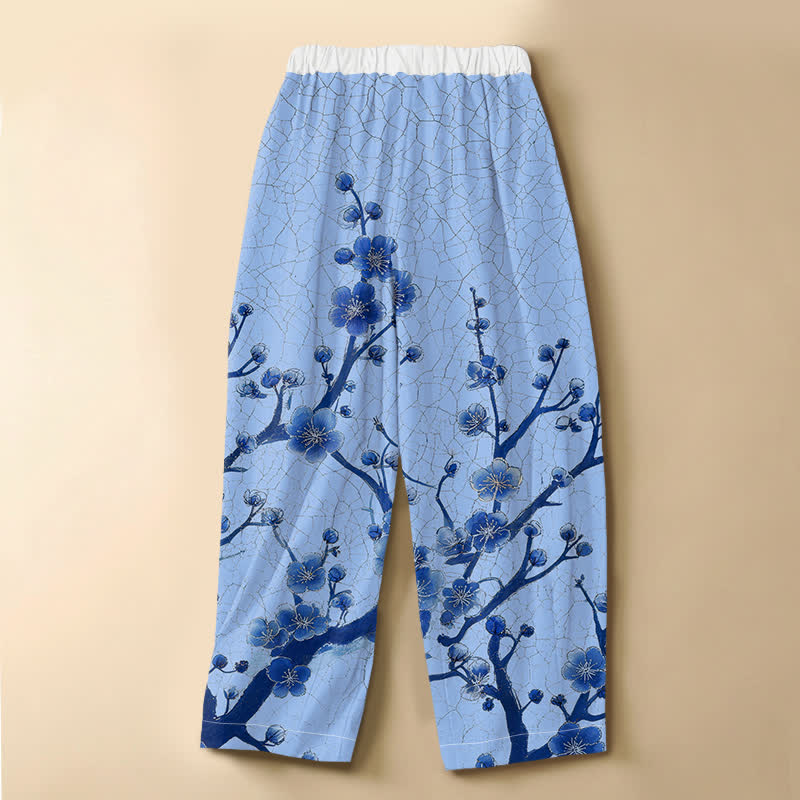 Buddha Stones Pantalones harem de mujer con cintura elástica, bolsillos y estampado de ramas de flores de ciruelo, de algodón puro. - image 8