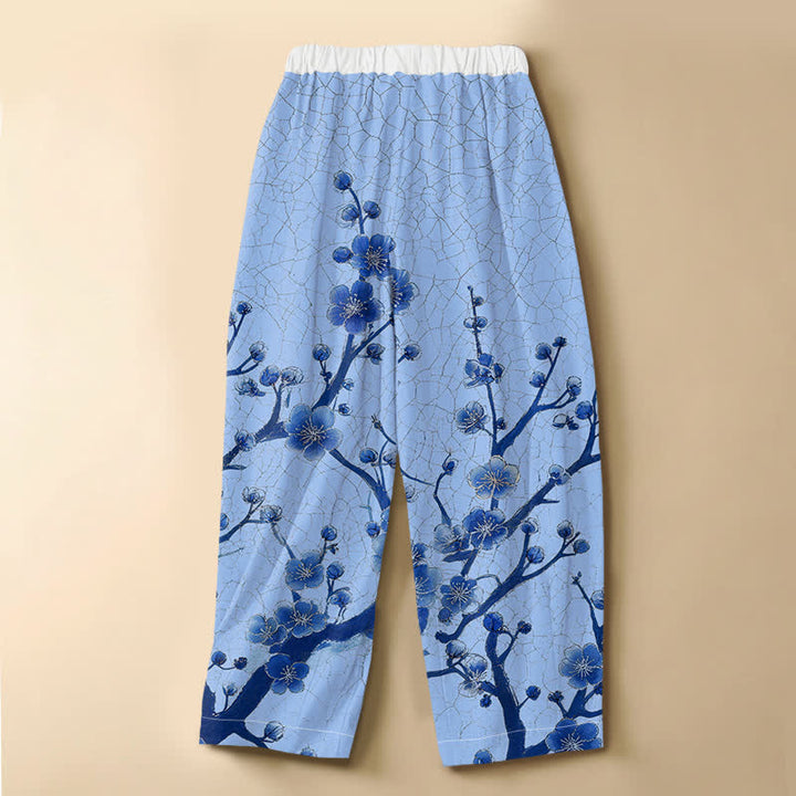 Buddha Stones Pantalones harem de mujer con cintura elástica, bolsillos y estampado de ramas de flores de ciruelo, de algodón puro. - image 8