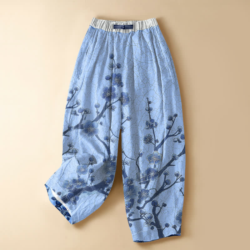 Buddha Stones Pantalones harem de mujer con cintura elástica, bolsillos y estampado de ramas de flores de ciruelo, de algodón puro. - Azul cielo claro - US16，UK/AU20，EU48 (3XL) - image 7