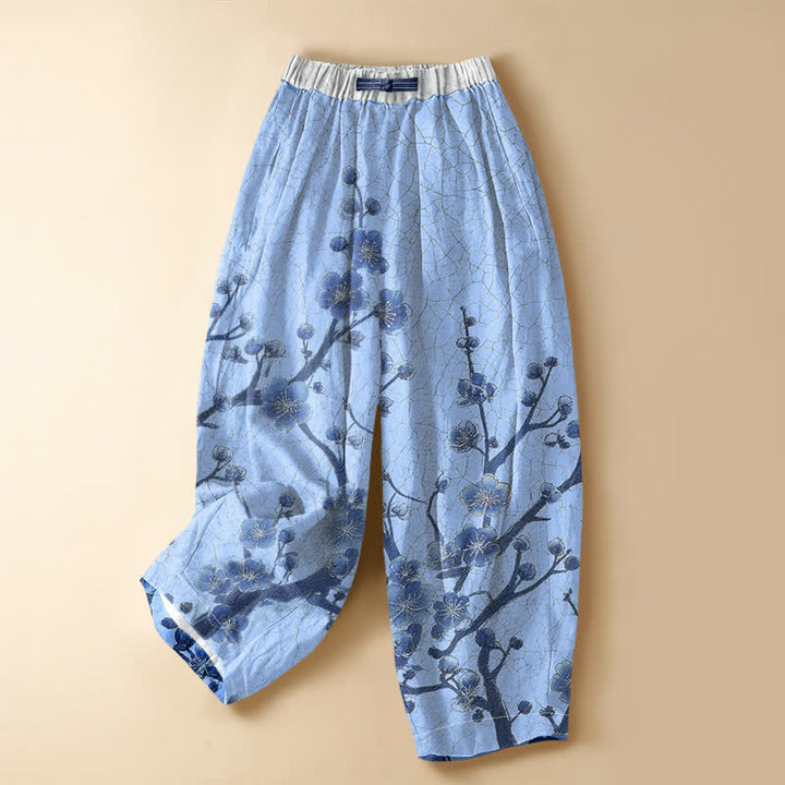 Buddha Stones Pantalones harem de mujer con cintura elástica, bolsillos y estampado de ramas de flores de ciruelo, de algodón puro. - Azul cielo claro - US16，UK/AU20，EU48 (3XL) - image 7