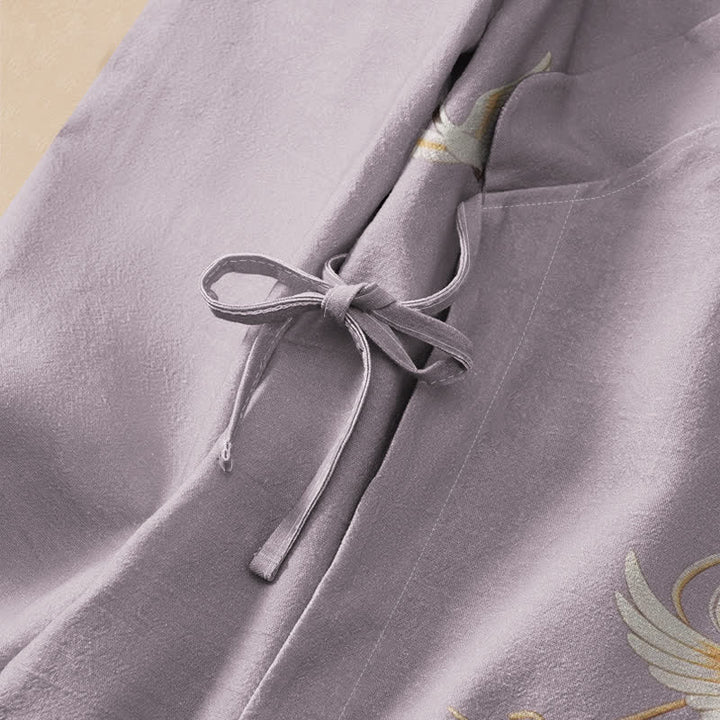 Buddha Stones Camisa kimono de manga larga para mujer con cuello en V y cordones, estampado de grullas voladoras, de algodón. - image 3