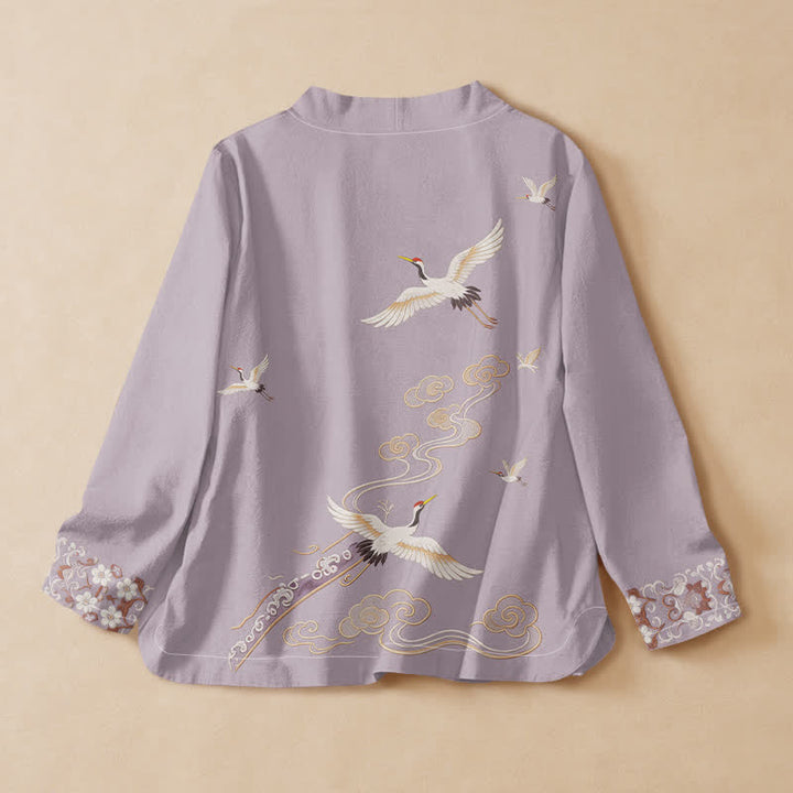 Buddha Stones Camisa kimono de manga larga para mujer con cuello en V y cordones, estampado de grullas voladoras, de algodón. - image 1