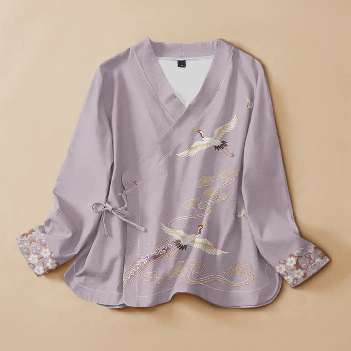 Buddha Stones Camisa kimono de manga larga para mujer con cuello en V y cordones, estampado de grullas voladoras, de algodón. - Cardo - US16，UK/AU20，EU48 (3XL) - image 0