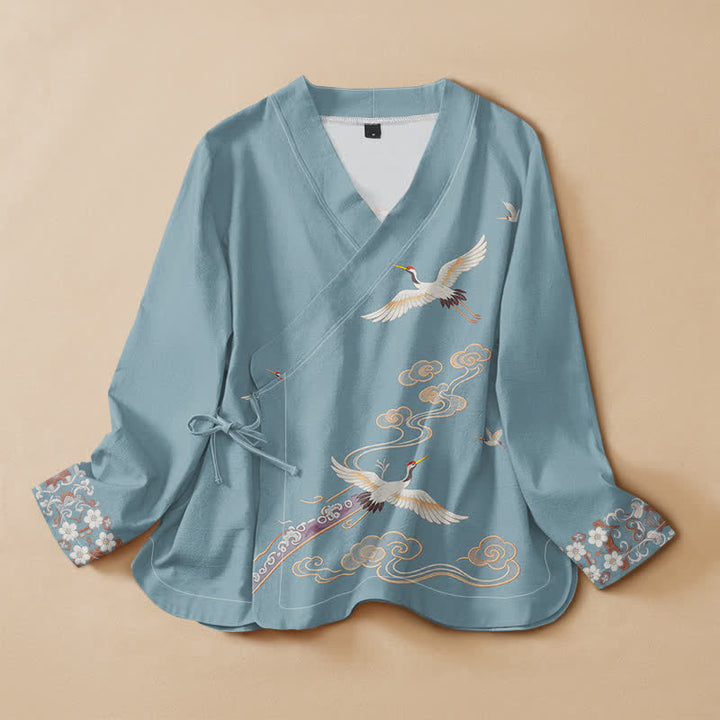 Buddha Stones Camisa kimono de manga larga para mujer con cuello en V y cordones, estampado de grullas voladoras, de algodón. - Azul claro - US16，UK/AU20，EU48 (3XL) - image 5