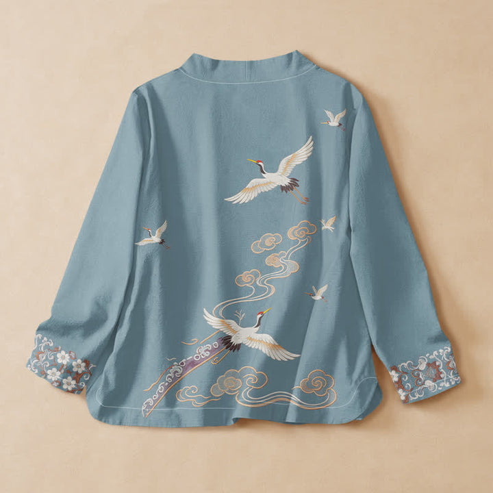 Buddha Stones Camisa kimono de manga larga para mujer con cuello en V y cordones, estampado de grullas voladoras, de algodón. - image 6