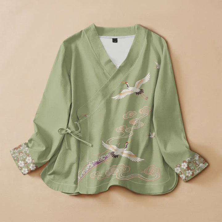 Buddha Stones Camisa kimono de manga larga para mujer con cuello en V y cordones, estampado de grullas voladoras, de algodón. - Verde pálido - US16，UK/AU20，EU48 (3XL) - image 7