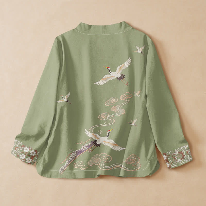 Buddha Stones Camisa kimono de manga larga para mujer con cuello en V y cordones, estampado de grullas voladoras, de algodón. - image 8