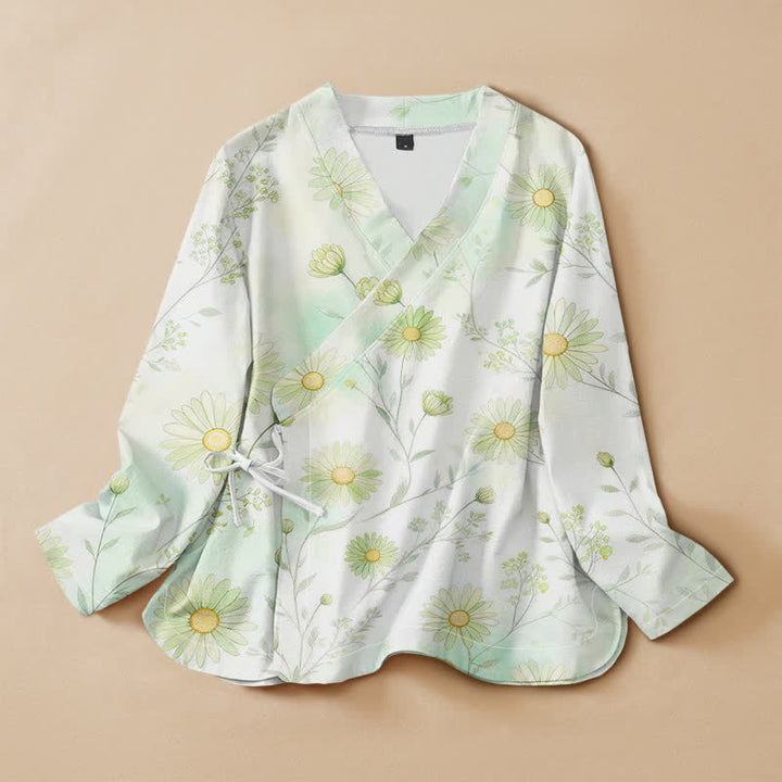 Buddha Stones Camisa kimono de manga larga para mujer estilo Hanfu con estampado floral de margaritas de algodón, cuello en V y cordones. - Gotas de miel - US16，UK/AU20，EU48 (3XL) - image 0