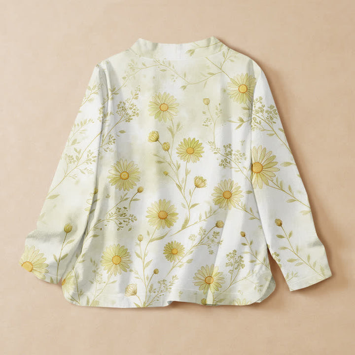 Buddha Stones Camisa kimono de manga larga para mujer estilo Hanfu con estampado floral de margaritas de algodón, cuello en V y cordones. - image 6