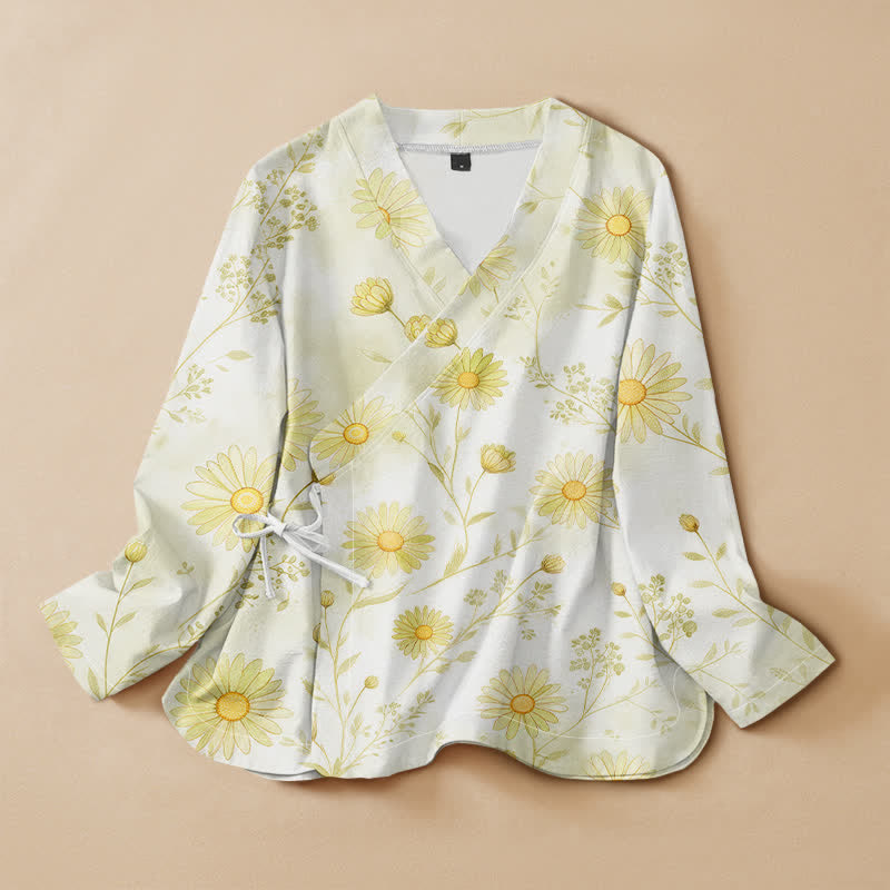 Buddha Stones Camisa kimono de manga larga para mujer estilo Hanfu con estampado floral de margaritas de algodón, cuello en V y cordones. - Marfil - US16，UK/AU20，EU48 (3XL) - image 5