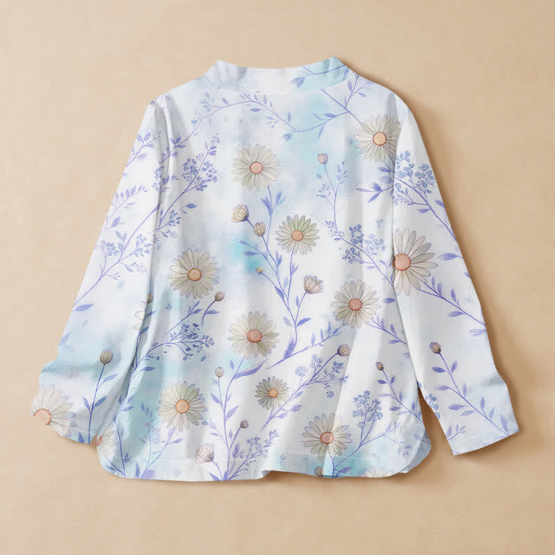 Buddha Stones Camisa kimono de manga larga para mujer estilo Hanfu con estampado floral de margaritas de algodón, cuello en V y cordones. - image 8