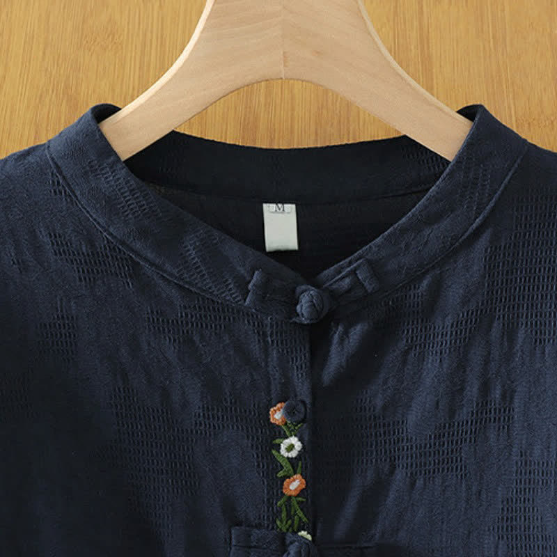 Buddha Stones Camisas de manga larga para mujer estilo Tang vintage con cuello mandarín y bordado floral. - image 1
