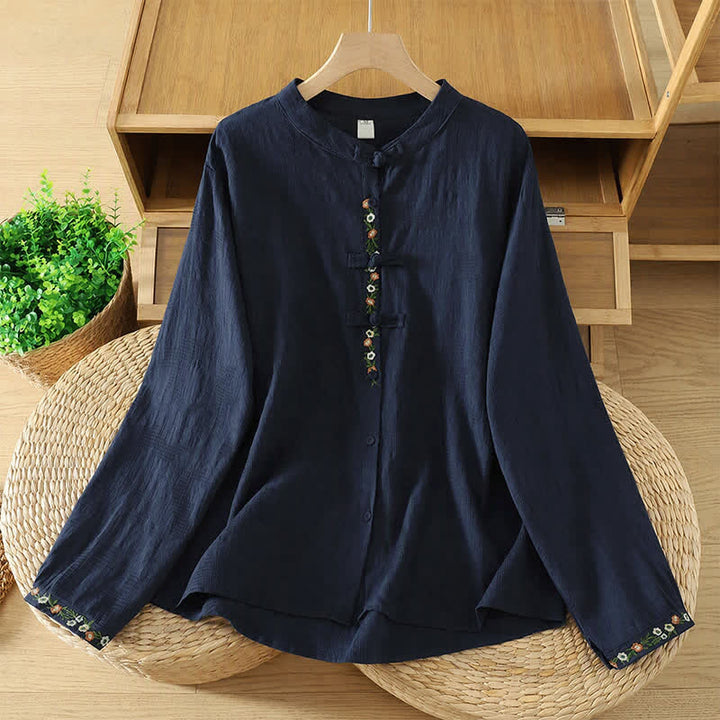 Buddha Stones Camisas de manga larga para mujer estilo Tang vintage con cuello mandarín y bordado floral. - Azul medianoche - US8-10, UK/AU12-14, EU40-42 (2XL) - image 0