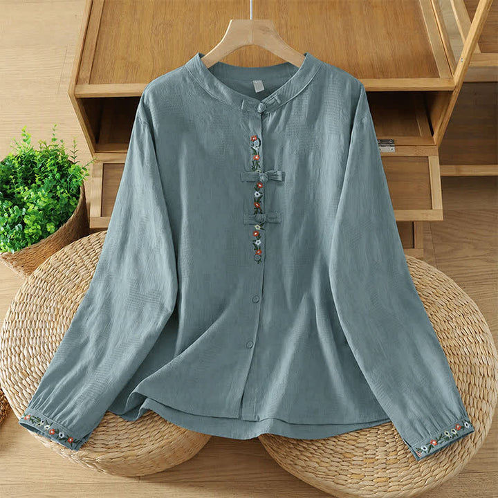 Buddha Stones Camisas de manga larga para mujer estilo Tang vintage con cuello mandarín y bordado floral. - Azul acero claro - US8-10, UK/AU12-14, EU40-42 (2XL) - image 6
