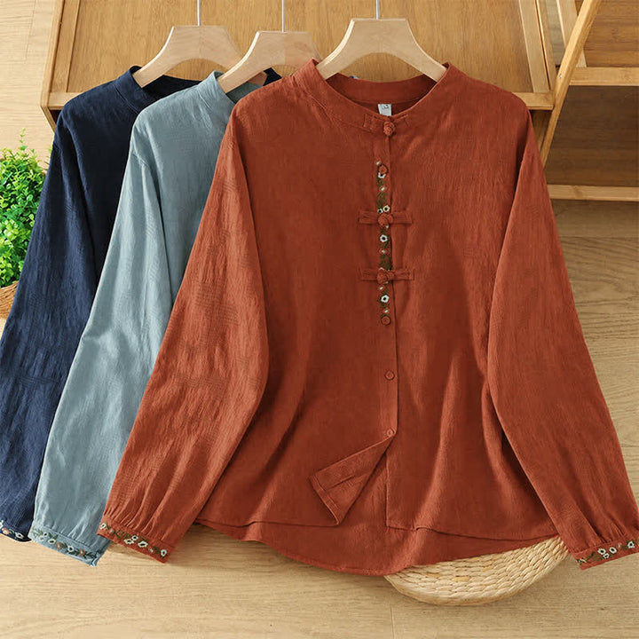 Buddha Stones Camisas de manga larga para mujer estilo Tang vintage con cuello mandarín y bordado floral. - image 23