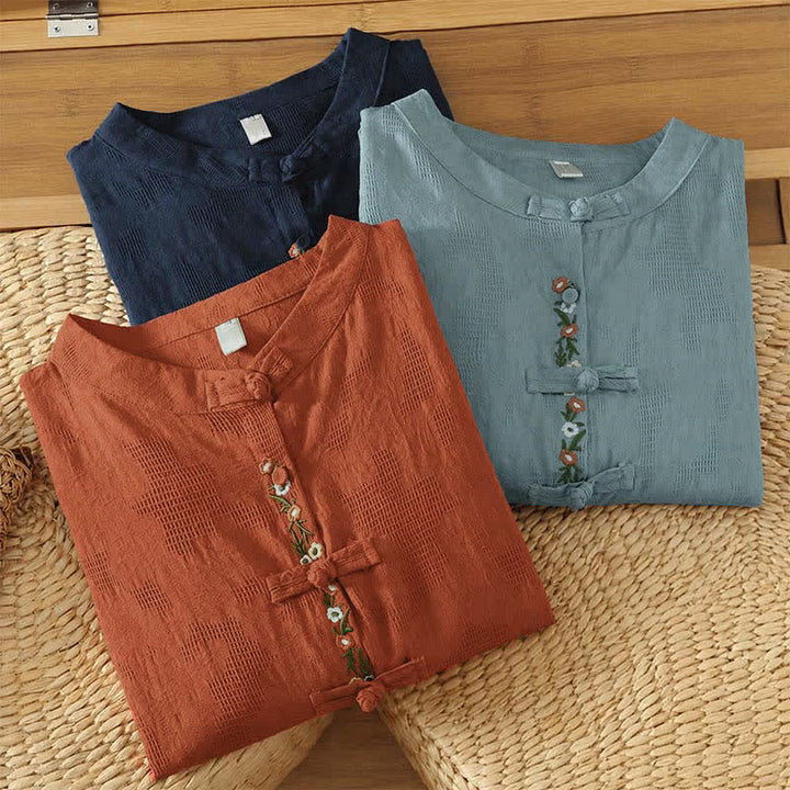 Buddha Stones Camisas de manga larga para mujer estilo Tang vintage con cuello mandarín y bordado floral. - image 24