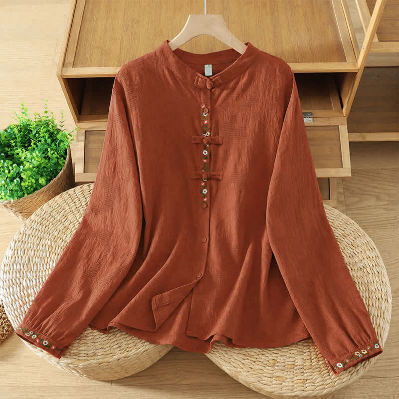 Buddha Stones Camisas de manga larga para mujer estilo Tang vintage con cuello mandarín y bordado floral. - Ladrillo refractario - US8-10, UK/AU12-14, EU40-42 (2XL) - image 12