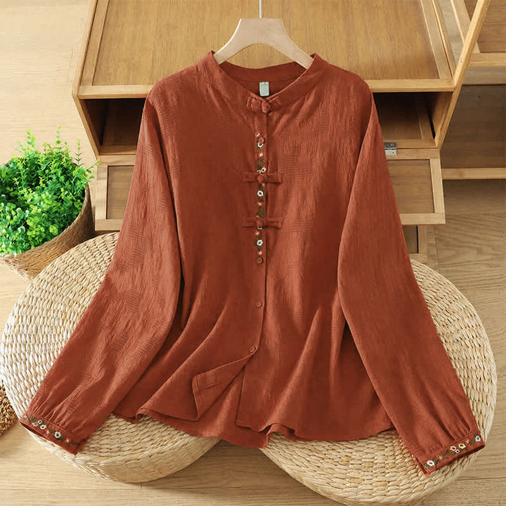 Buddha Stones Camisas de manga larga para mujer estilo Tang vintage con cuello mandarín y bordado floral. - Ladrillo refractario - US8-10, UK/AU12-14, EU40-42 (2XL) - image 12