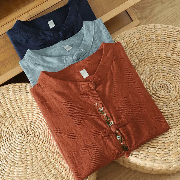 Buddha Stones Camisas de manga larga para mujer estilo Tang vintage con cuello mandarín y bordado floral. - image 25