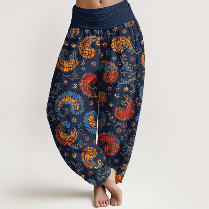 Buddha Stones Pantalones harem de mujer con cintura elástica, estampado exótico de cachemir y algodón. - Azul medianoche - US16，UK/AU20，EU48 (3XL) - image 0