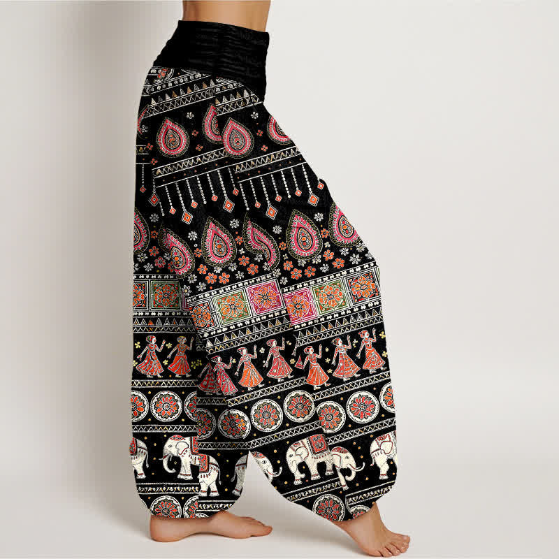 Buddha Stones Pantalones harem de algodón con estampado geométrico exótico de elefantes para mujer, cintura elástica. - image 2