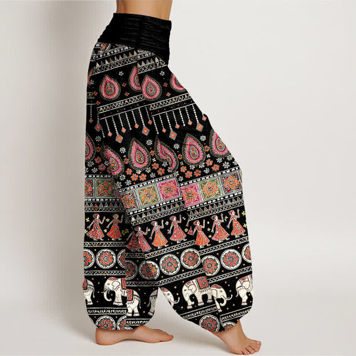 Buddha Stones Pantalones harem de algodón con estampado geométrico exótico de elefantes para mujer, cintura elástica. - image 2