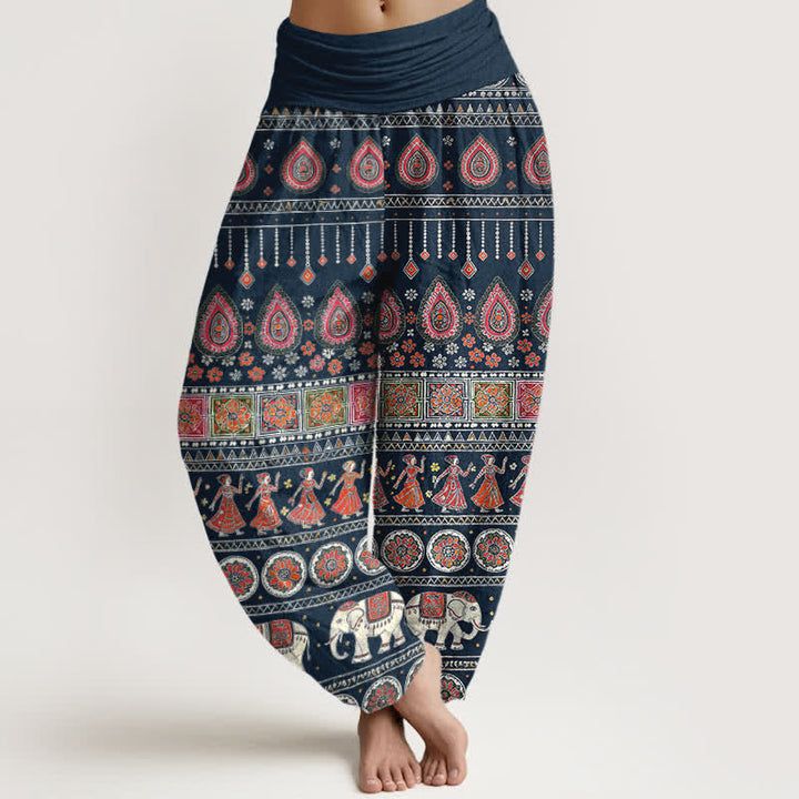 Buddha Stones Pantalones harem de algodón con estampado geométrico exótico de elefantes para mujer, cintura elástica. - Azul medianoche - US16，UK/AU20，EU48 (3XL) - image 5