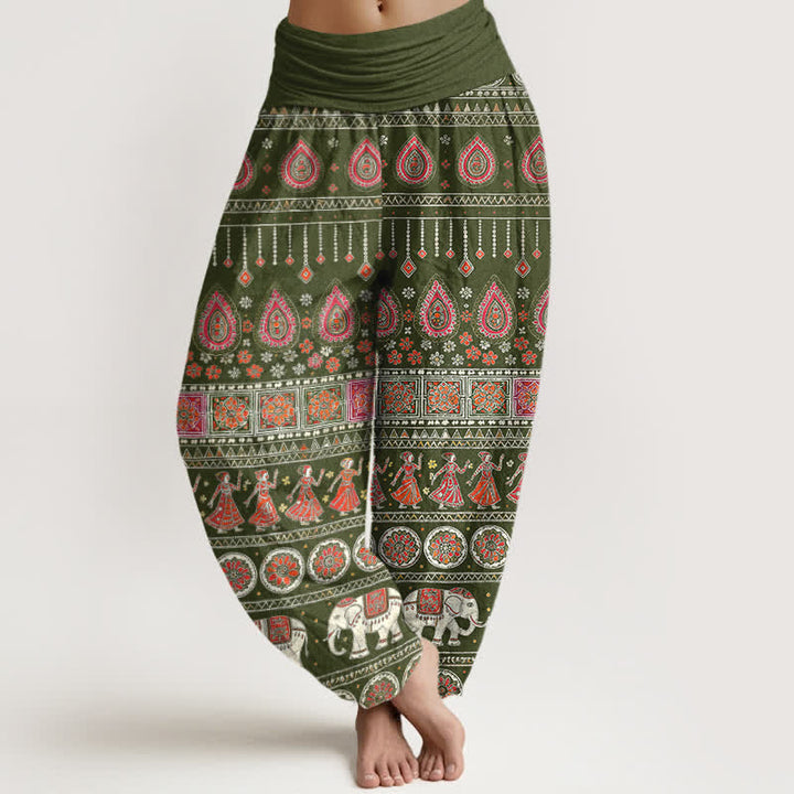 Buddha Stones Pantalones harem de algodón con estampado geométrico exótico de elefantes para mujer, cintura elástica. - Verde oliva oscuro - US16，UK/AU20，EU48 (3XL) - image 8