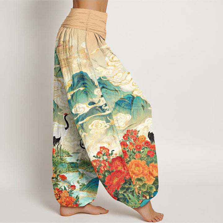 Buddha Stones Pantalones harem de mujer con cintura elástica y estampado floral de grulla de algodón. - image 2