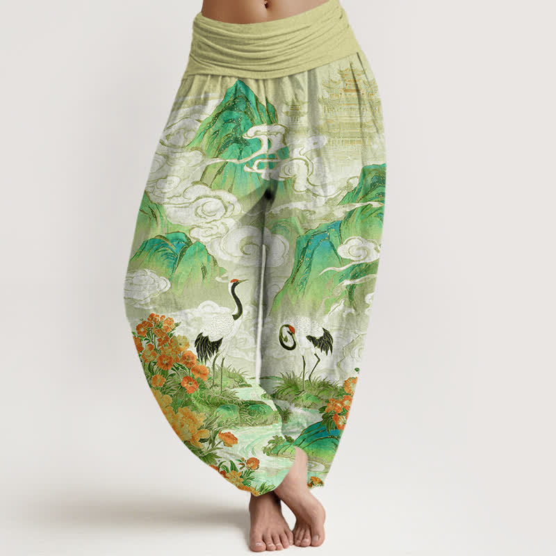 Buddha Stones Pantalones harem de mujer con cintura elástica y estampado floral de grulla de algodón. - vara de oro pálida - US16，UK/AU20，EU48 (3XL) - image 5