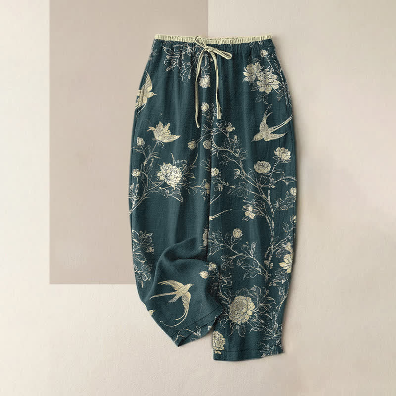 Buddha Stones Pantalones de mujer de algodón puro con estampado botánico de flores y pájaros, cintura elástica y bolsillos. - cian oscuro - US16，UK/AU20，EU48 (3XL) - image 4