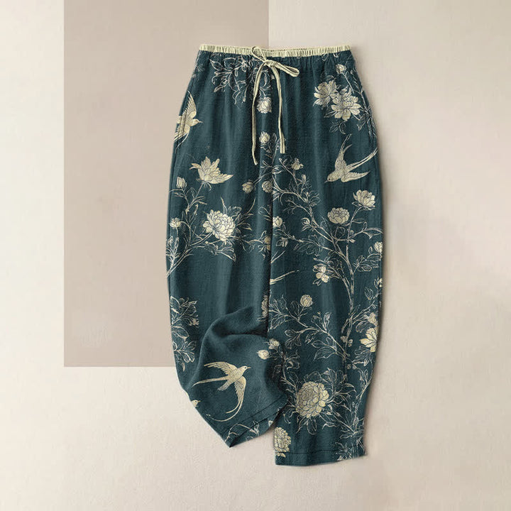 Buddha Stones Pantalones de mujer de algodón puro con estampado botánico de flores y pájaros, cintura elástica y bolsillos. - cian oscuro - US16，UK/AU20，EU48 (3XL) - image 4