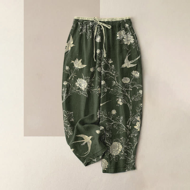 Buddha Stones Pantalones de mujer de algodón puro con estampado botánico de flores y pájaros, cintura elástica y bolsillos. - Verde oliva oscuro - US16，UK/AU20，EU48 (3XL) - image 5