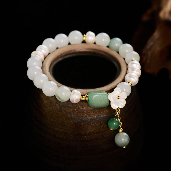 Buddha Stones Pulsera elástica con dije de flor de ágata verde y perla de agua dulce - Perla (Sabiduría curativa ♥) - image 0