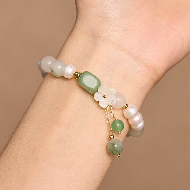 Buddha Stones Pulsera elástica con dije de flor de ágata verde y perla de agua dulce - image 8